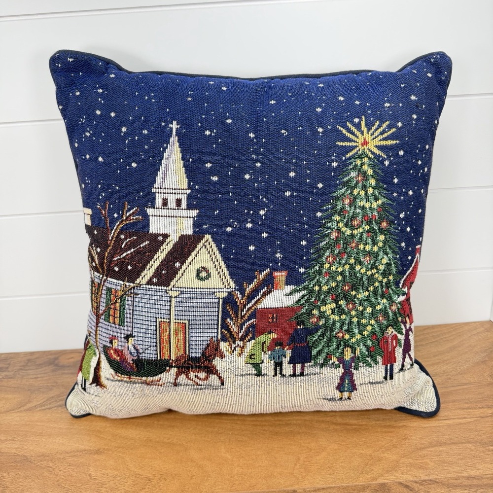 Christmas Pillow Holiday Church Street Scene Sleigh VTG Cottagecore Tapestry